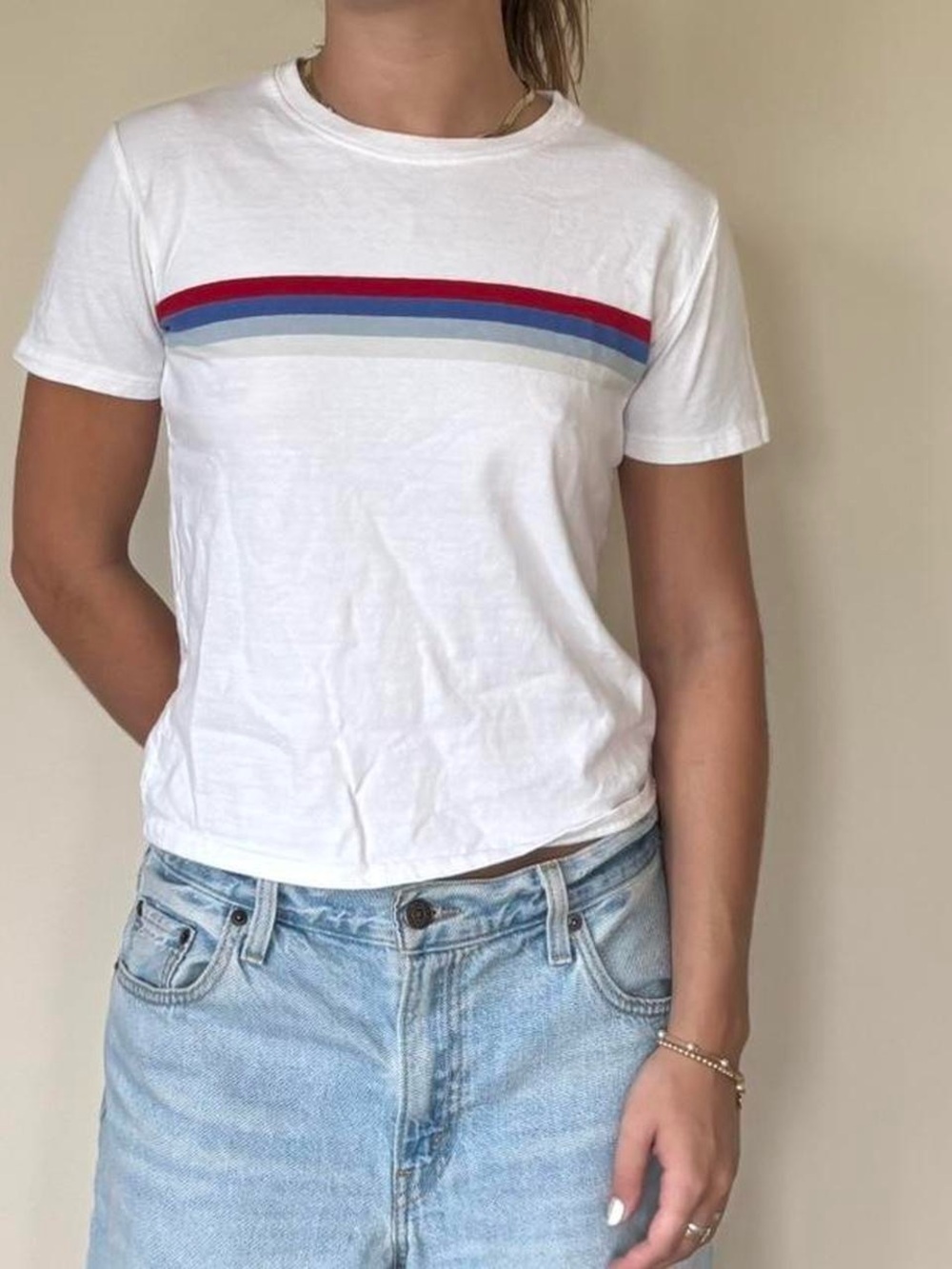Brandy Melville White Short-Sleeve Tee with Stripe
